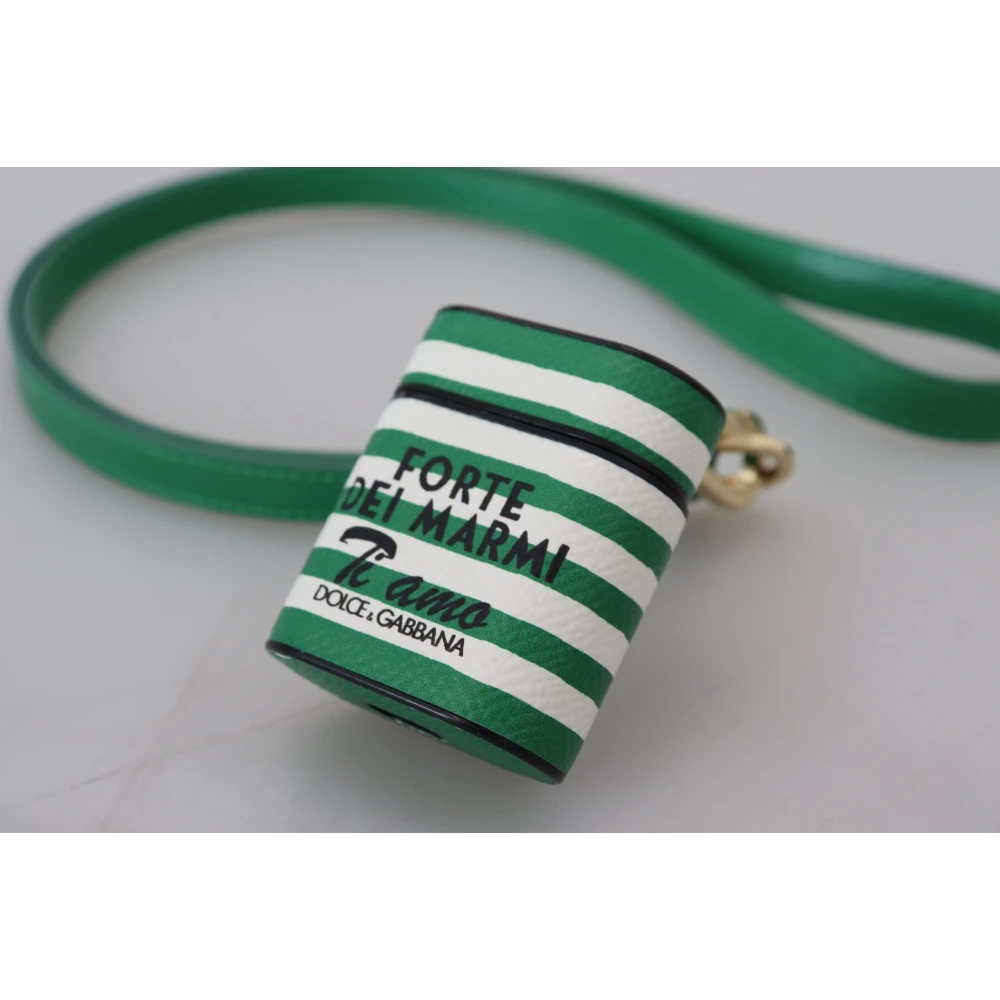 Dolce & Gabbana Groen Leren Band Airpods Hoesje met Gouden Metalen Logo Green Dames
