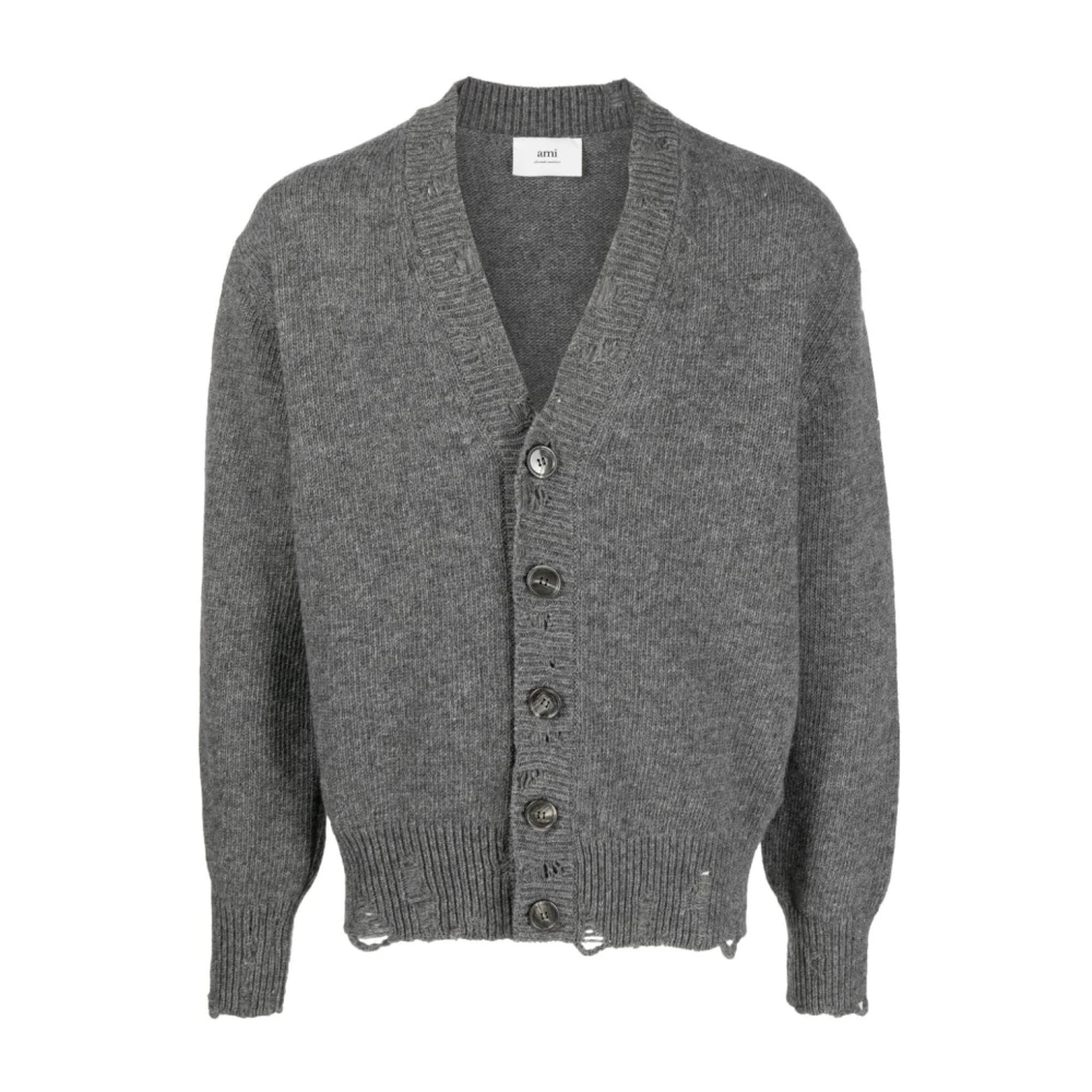 Ami Paris Grijze Cut Out Cardigan Sweaters Gray Heren