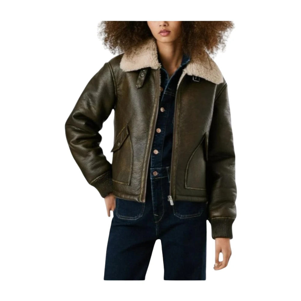 Pepe Jeans Kvinno Grön Jackor Dam, S, Fuskpäls, Shearling Bomberjacka