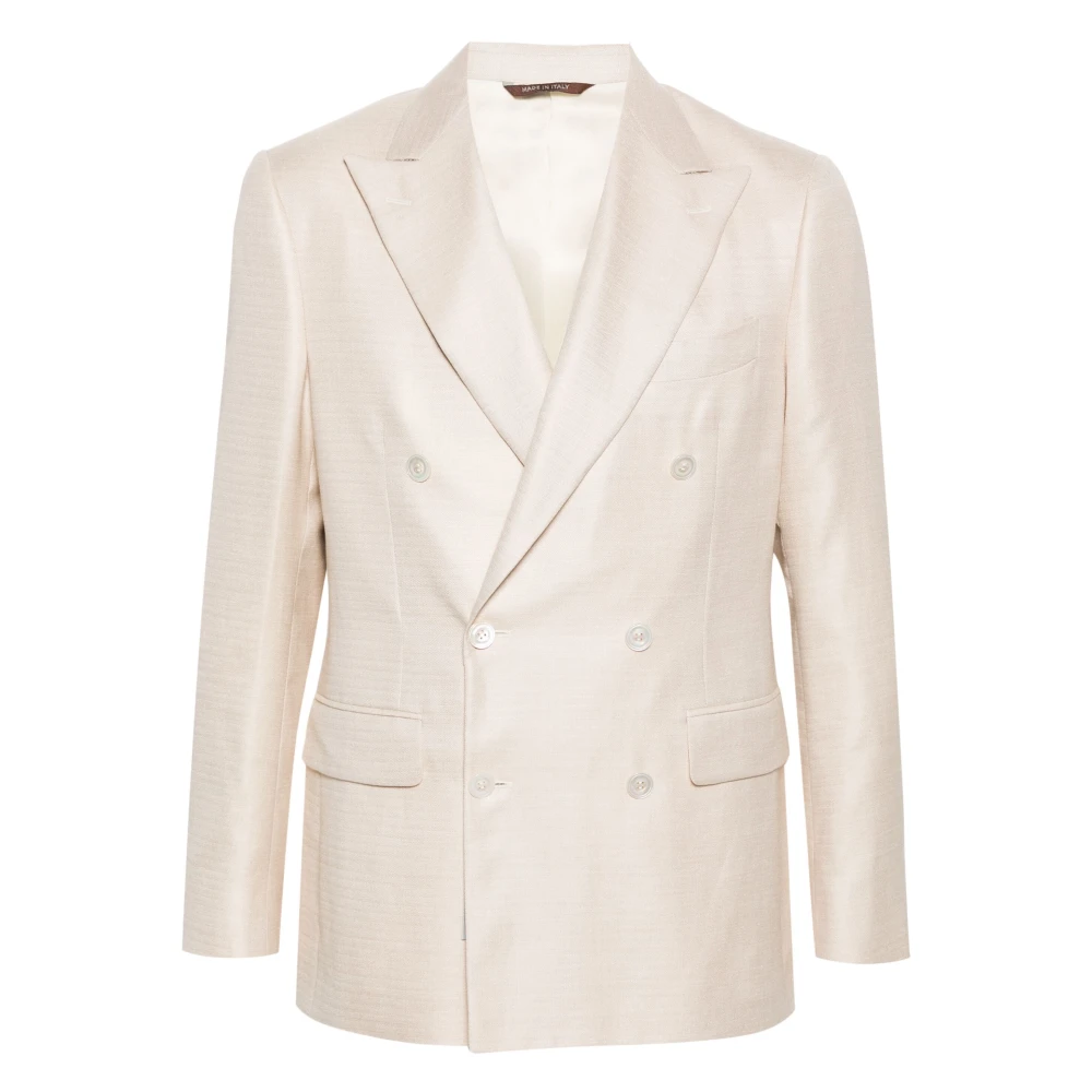 Canali Herringbone Dubbelknäppt Blazer Beige, Herr