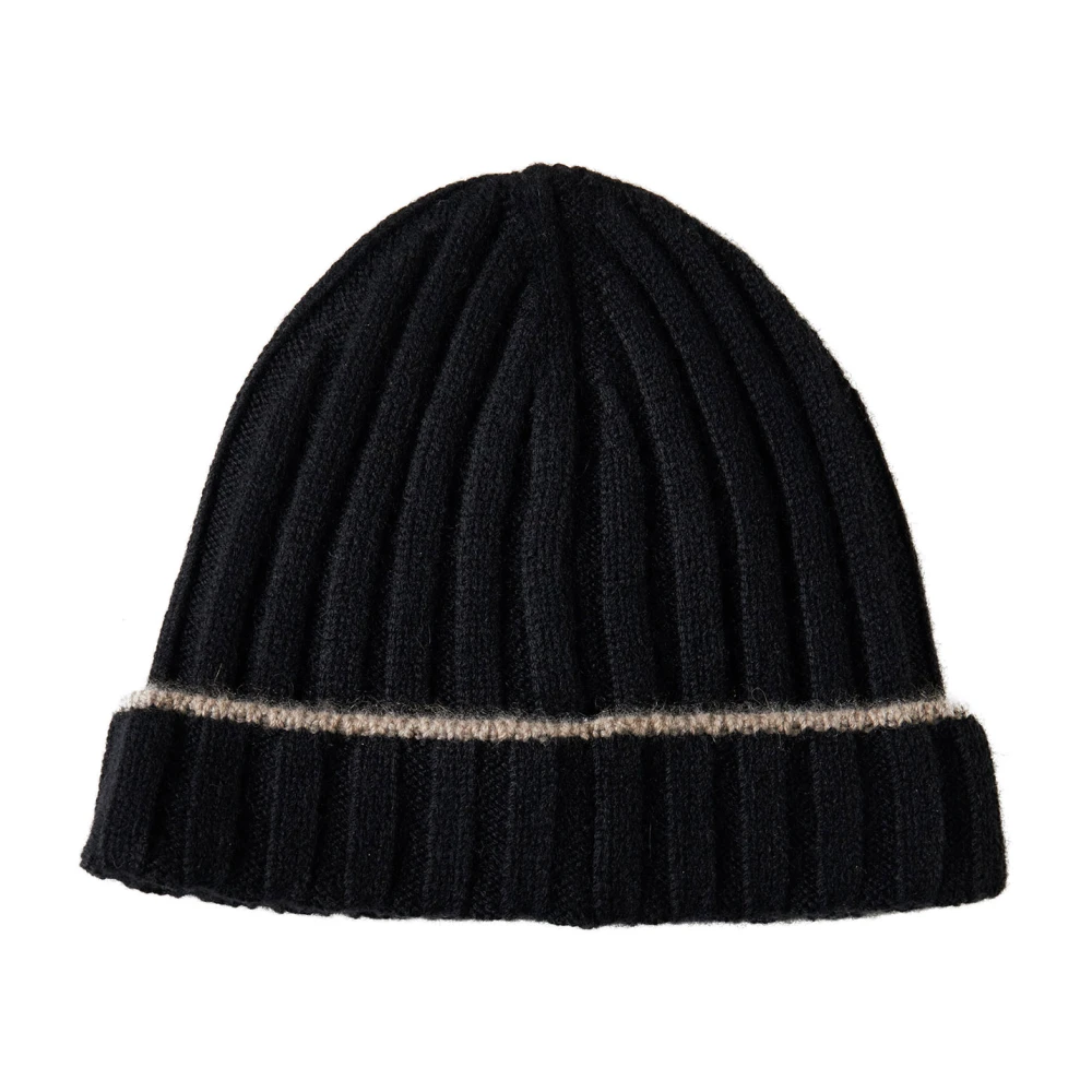 Brunello Cucinelli Svart Cashmere Ribbstickad Beanie Mössa Black, Herr