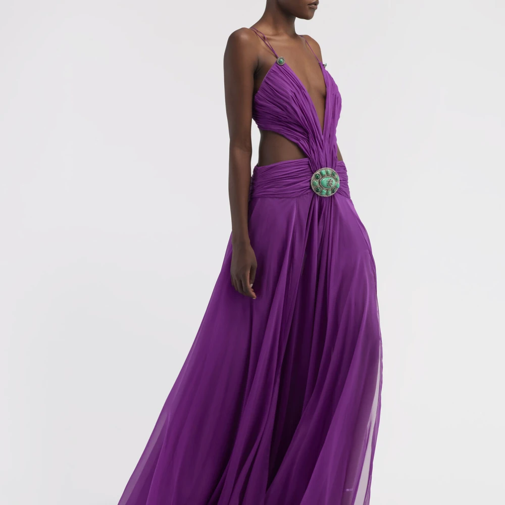 Roberto Cavalli Zijden jurk met uitsparingen Diepe V-hals Purple Dames