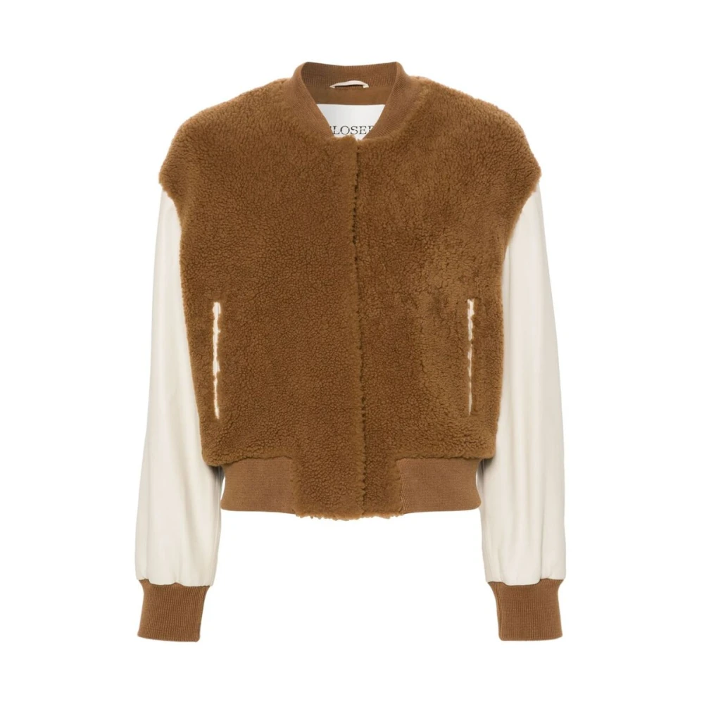 Closed Shearling Färgblock Baseball Jacka Brown, Dam