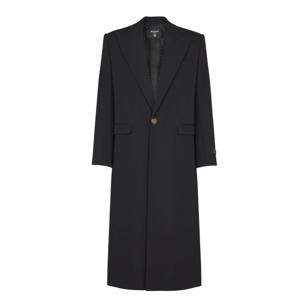 Balmain Men's Black Long Coat In Grain De Poudre Wool - Single-Breasted Coats - L - Coats