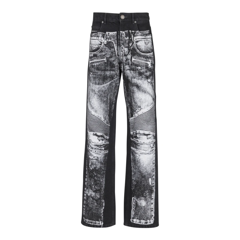 Balmain Wijde denim jeans met een biker-print Black Heren