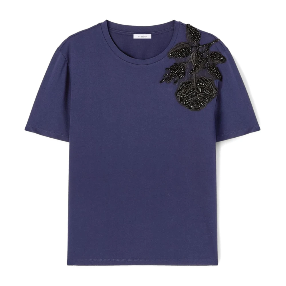 Motivi Geborduurd katoenen T-shirt Blue Dames