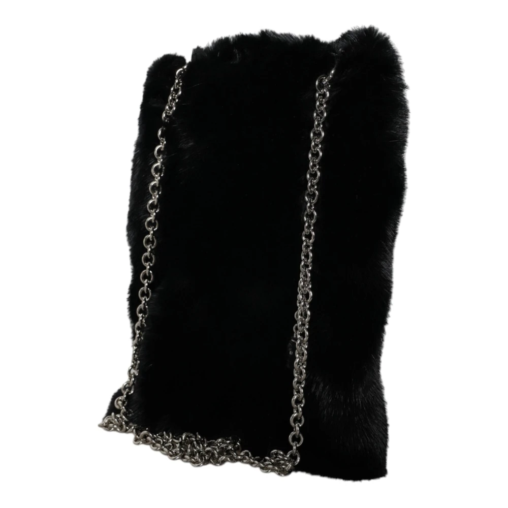 Dolce & Gabbana Zwarte Nepbont Zilveren Ketting Crossbody Handtas Black Dames