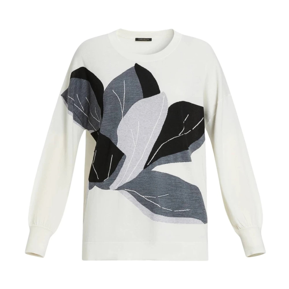 Marina Rinaldi Botanisch Motief Crewneck Sweater White Dames