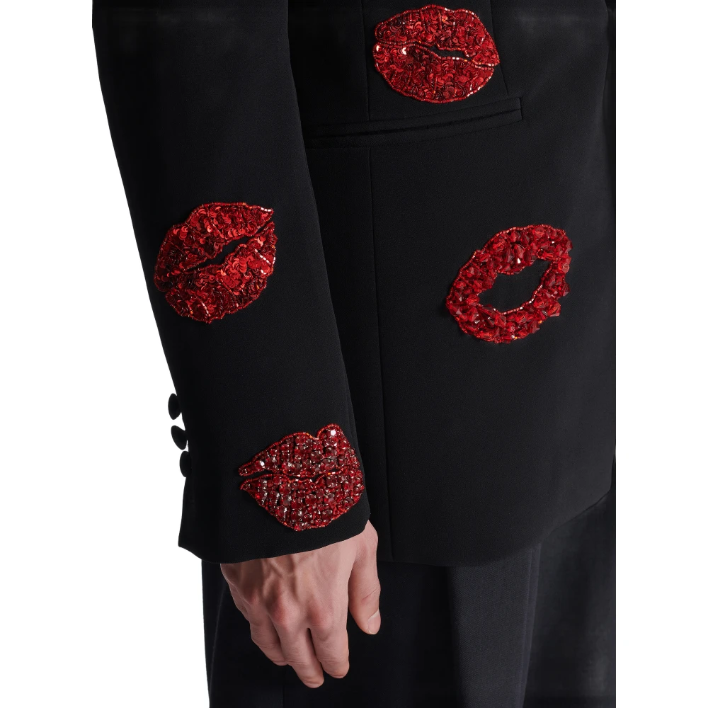 Balmain Crepe 1-knoops jasje met Kiss borduurwerk Black Heren