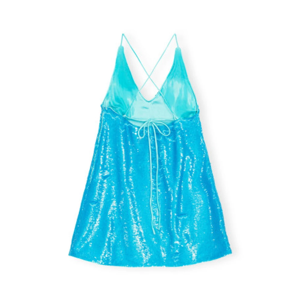 Ganni Blauwe Pailletten Mini Jurk met Bandjes Blue Dames