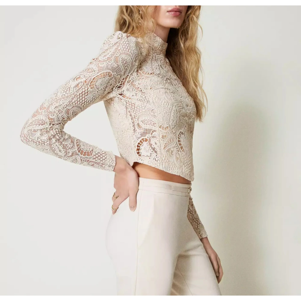 Twinset Kanten Cropped Blouse Macramé Stijl White Dames