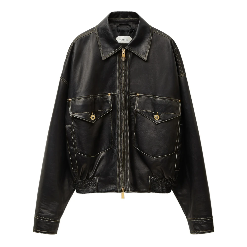 Versace Brown Leather Jackets, Male, Xl, Blouson Leather