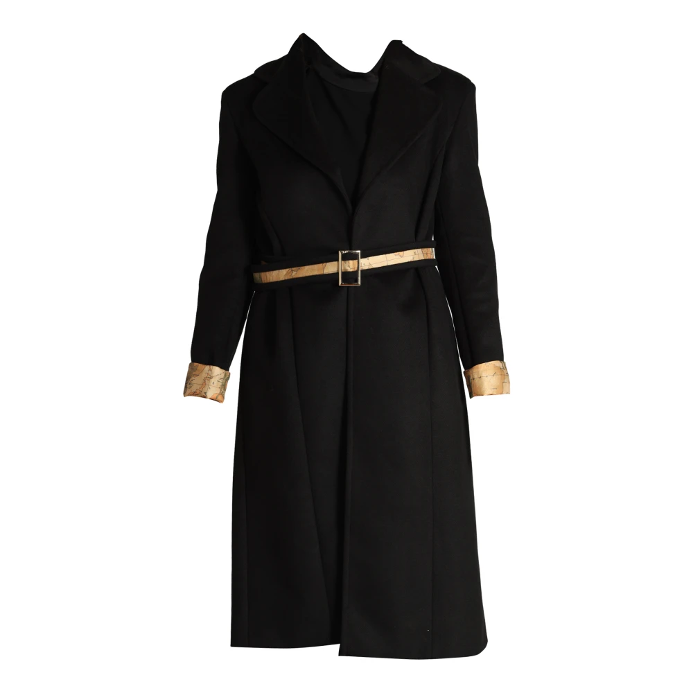 Alviero Martini 1a Classe Zwarte Velours Lange Jas met Geo Classic Riem Black Dames