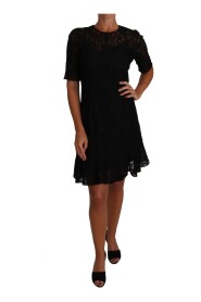 Black Floral Lace Sheath Short Sleeves Dress