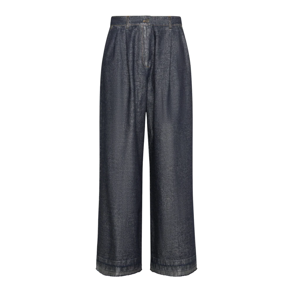 Momoni Wijde Pijp Raffelige Denim Broek Blue Dames