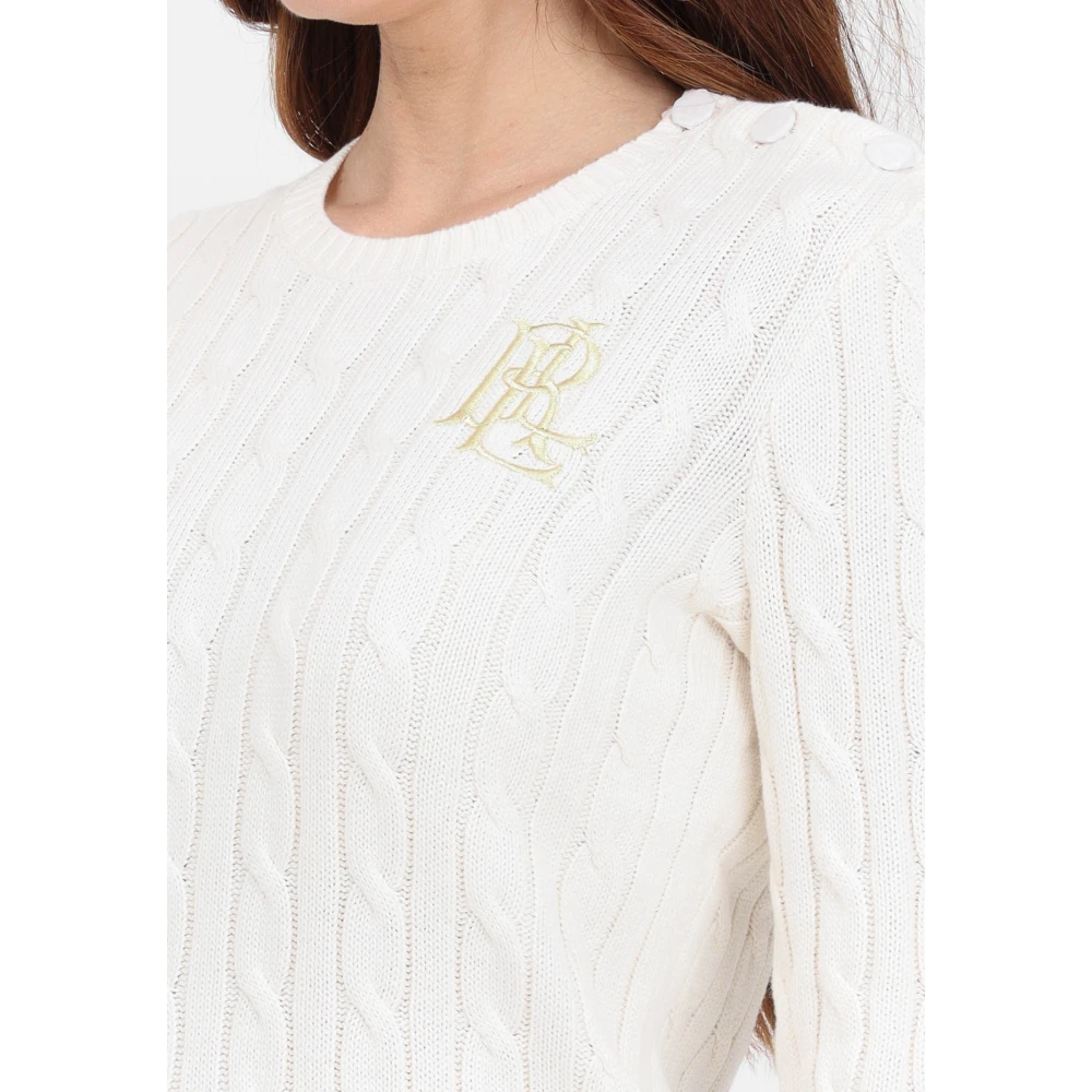 Ralph Lauren Crème Trui met Gouden Logo Borduursel Beige Dames