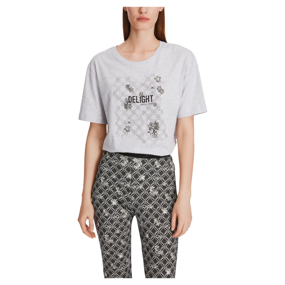 Marc Cain Glitter Motif Cotton T-Shirt Gray Dames