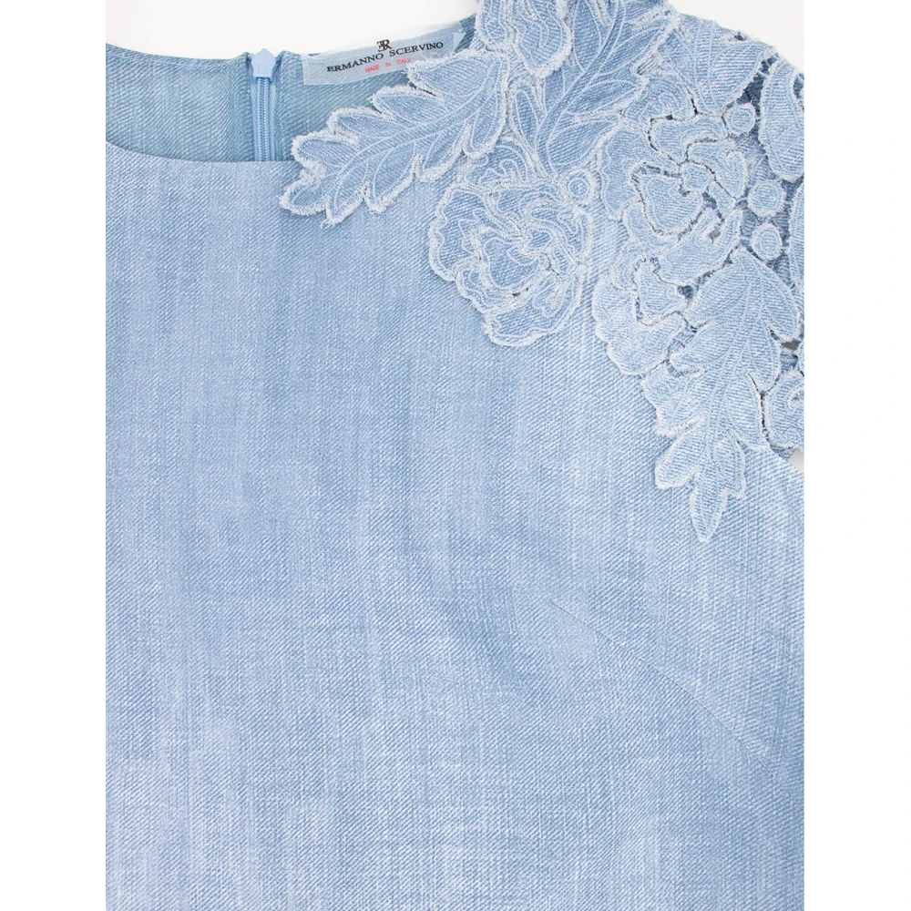 Ermanno Scervino Denim-geïnspireerde Midi Jurk met Kant Detail Blue Dames