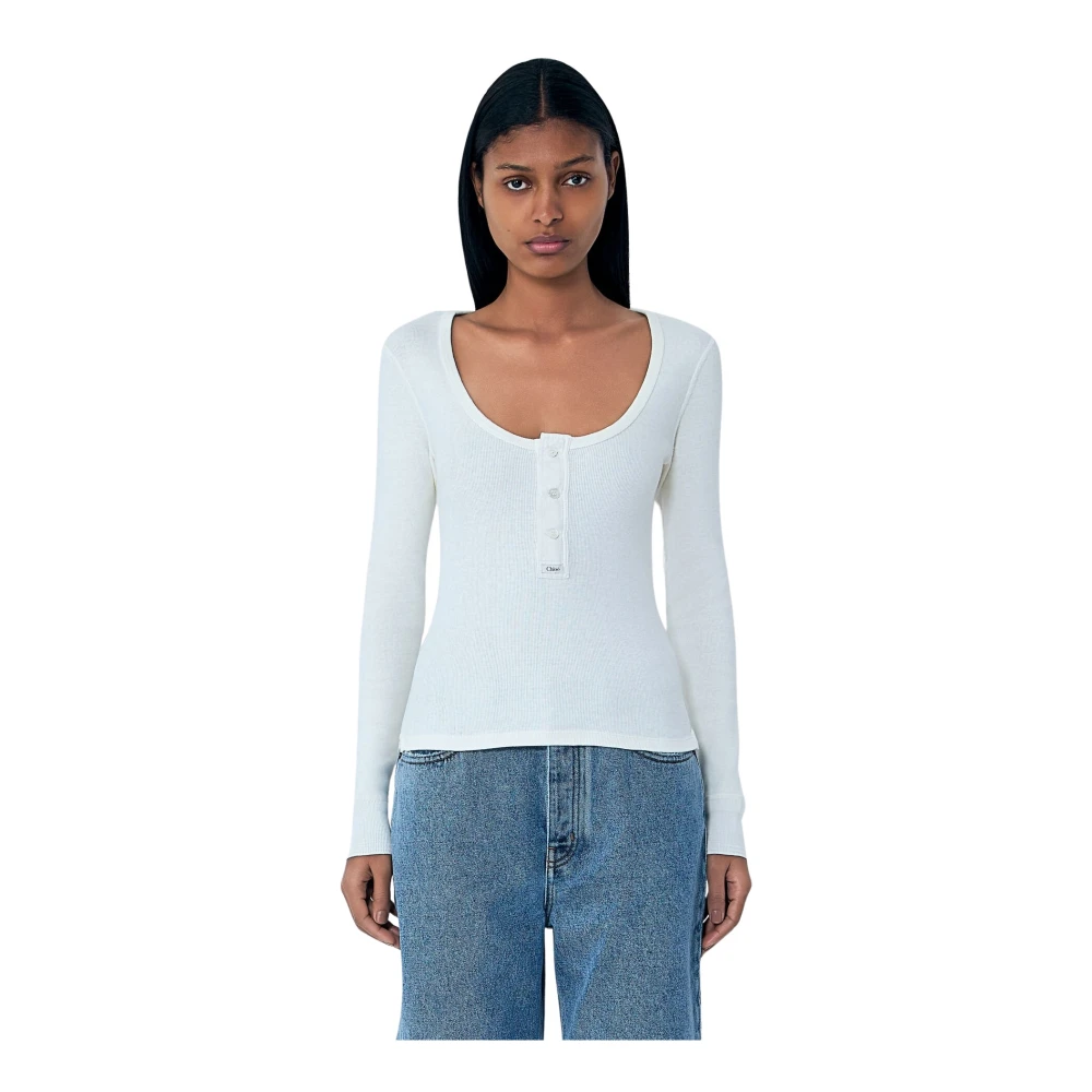 Chloé Women's White Round-Neck Knitwear, M, Henley T-Shirt