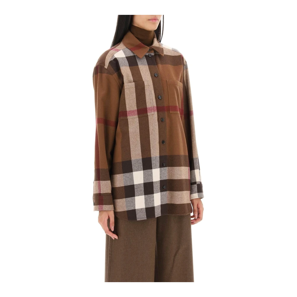 Burberry Geruite Flanellen Overshirt met Klassieke Kraag Brown Dames