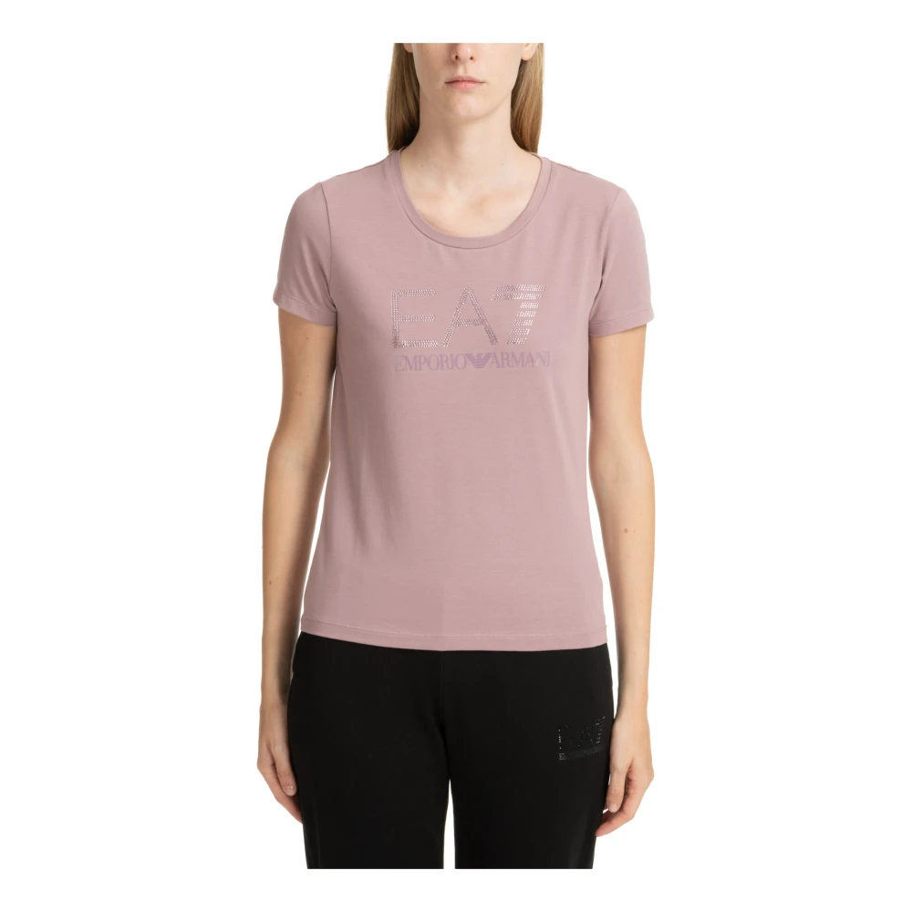 Emporio Armani EA7 Effen Logo Strass T-shirt Pink Dames