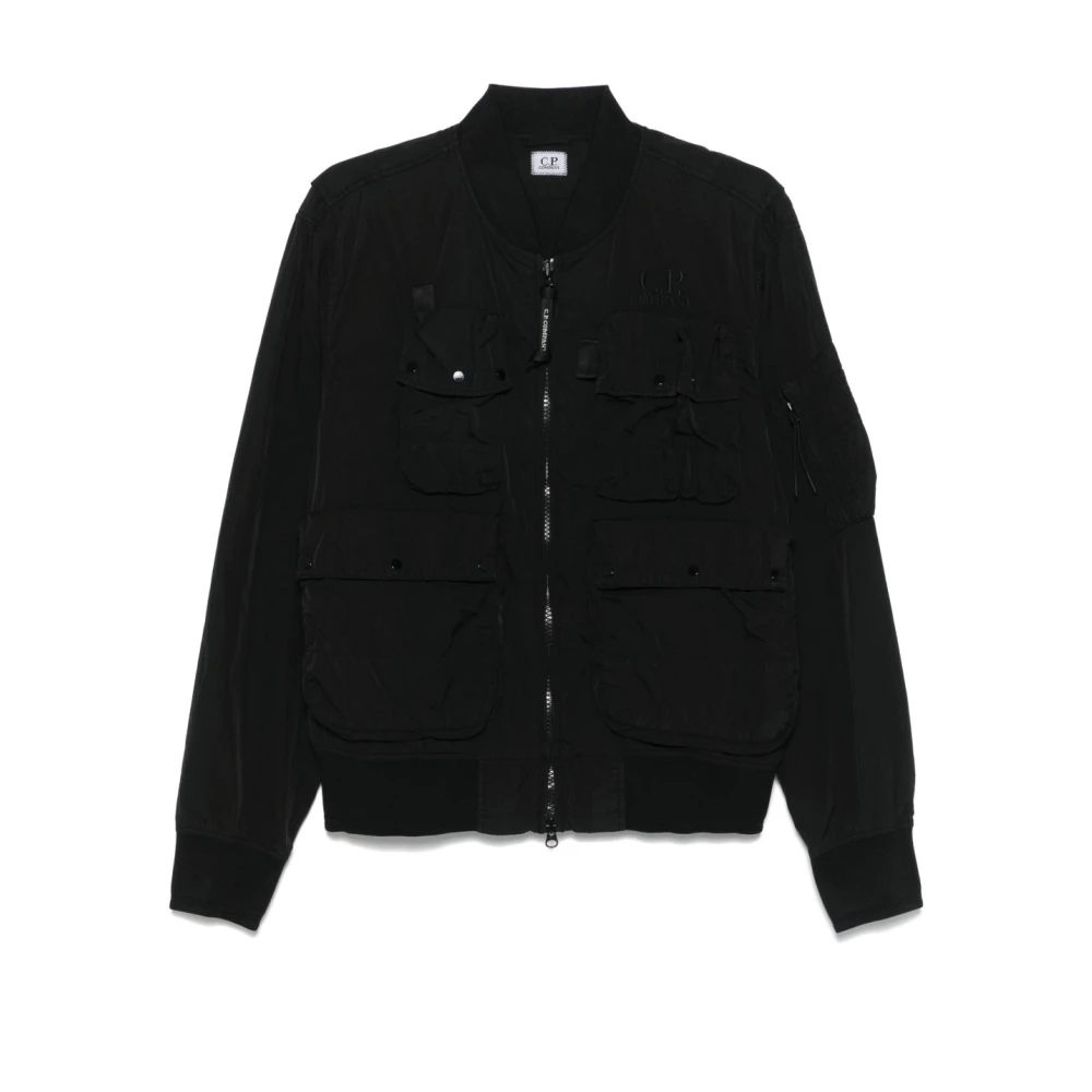 C.P. Company Zwarte Nylon Bomberjack met Tonaal Logo Borduurwerk Black Heren