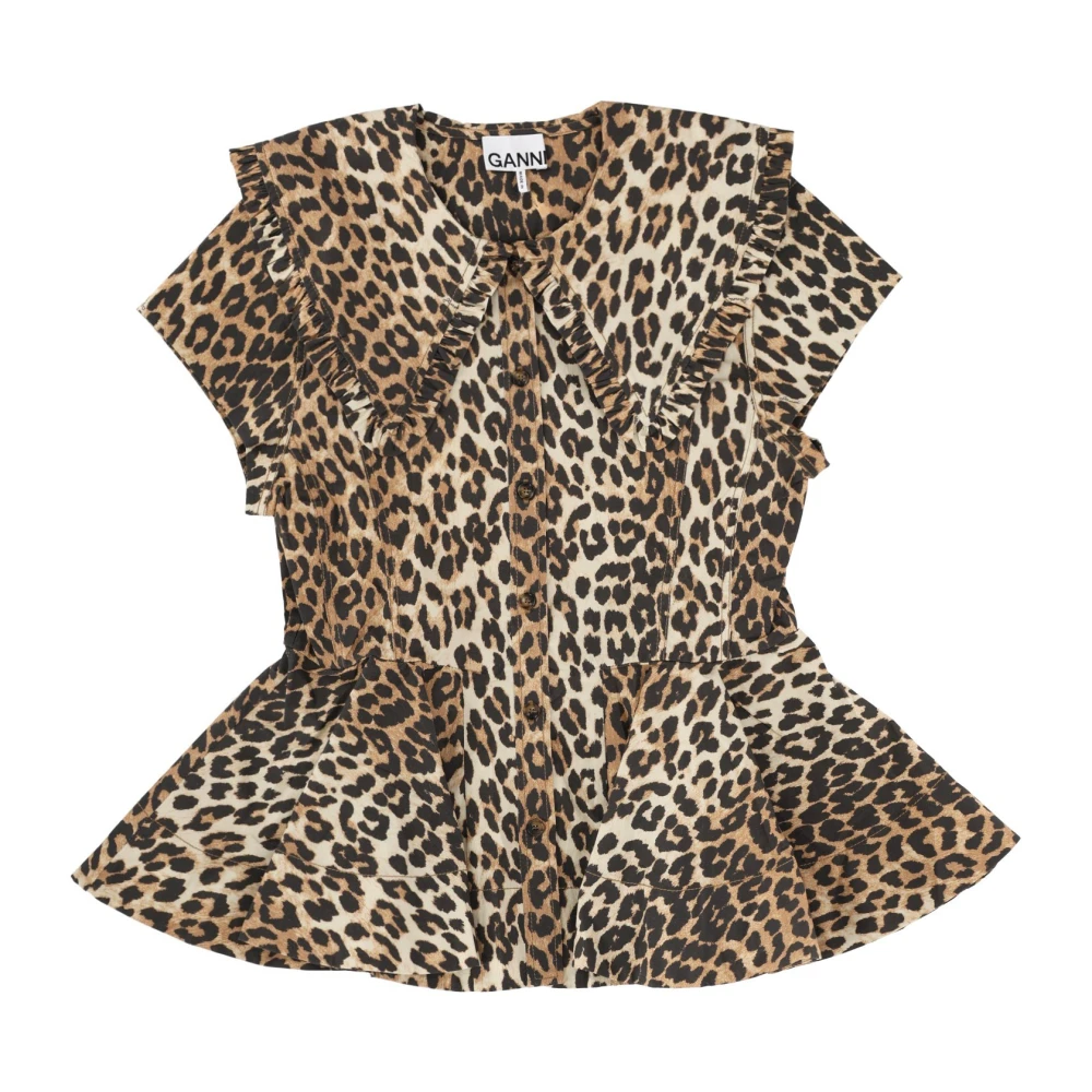 Ganni Women's Brown Blouses, M, Printed Stretch Cotton Peter Pan Collar Shirt