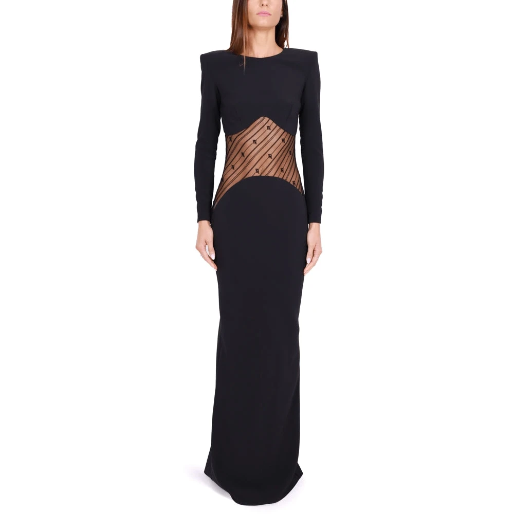 Elisabetta Franchi Lange Zwarte Crepe Jurk met Tule Inzet Black Dames