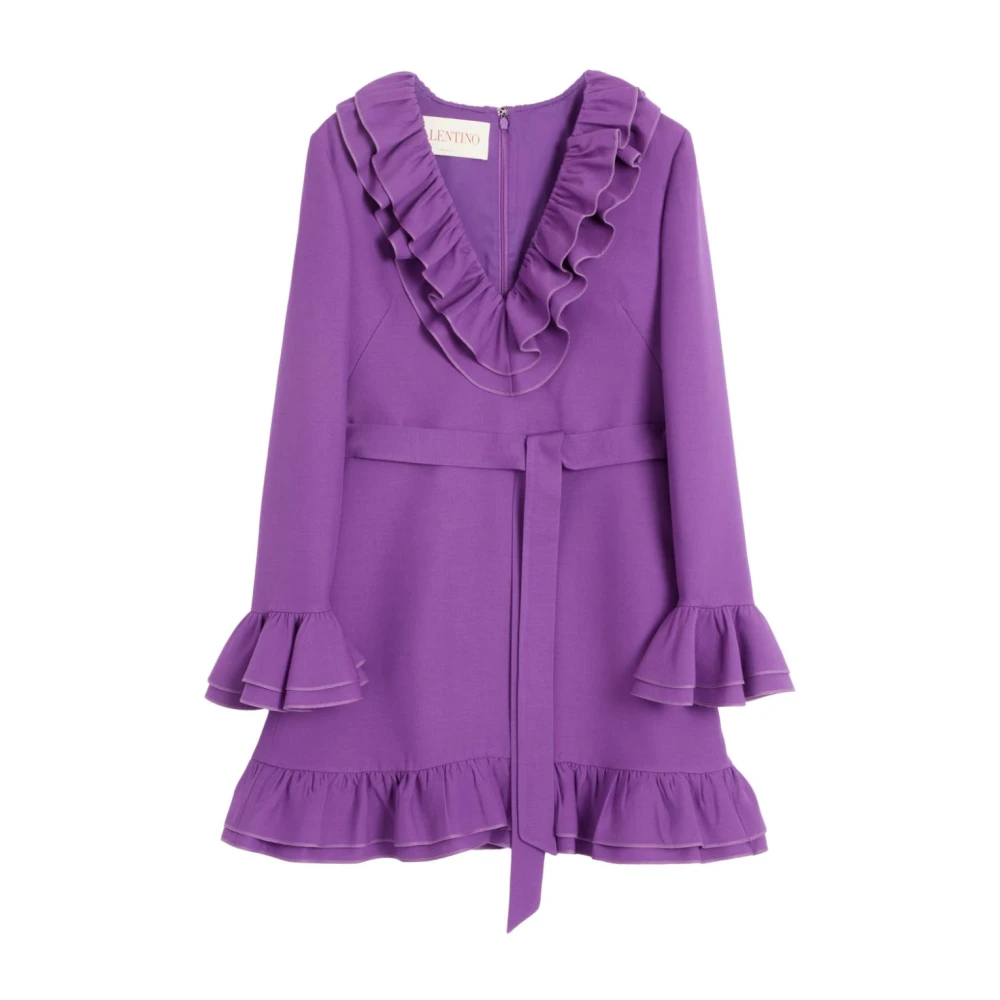 Valentino Women's Purple Short Dresses, S, Wool-Silk Blend Dress With Ruffles