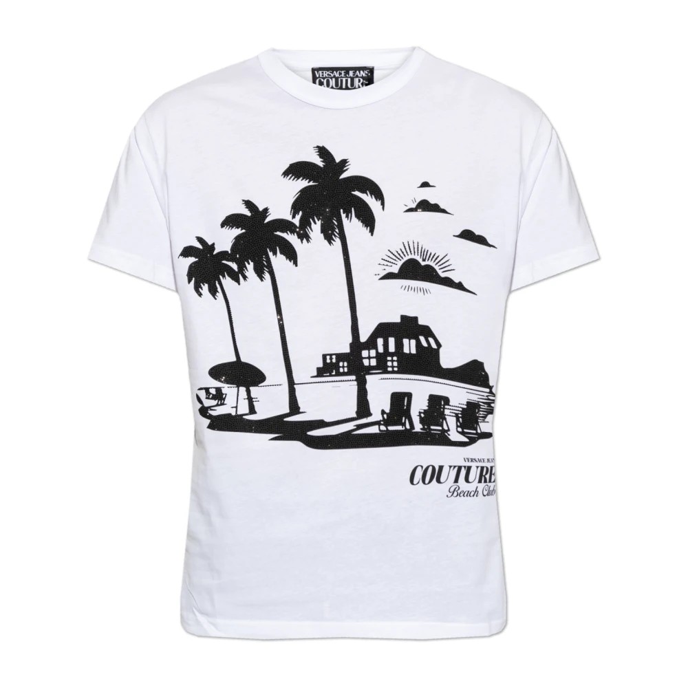 Versace Jeans Couture Men's White T-Shirts, S, T-Shirt With Print And Shimmering Sequins