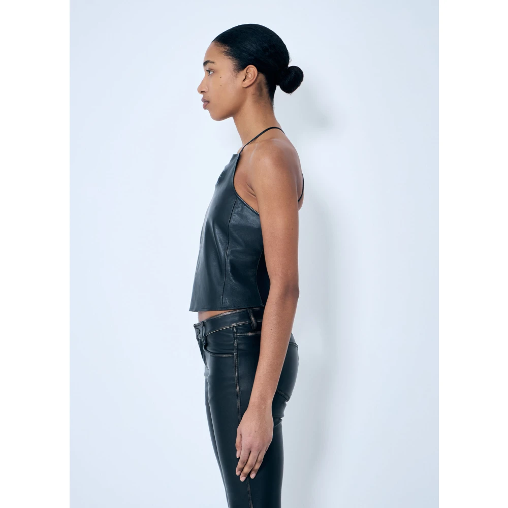 Diesel Leren Halternek Top met Logo Plaque Black Dames