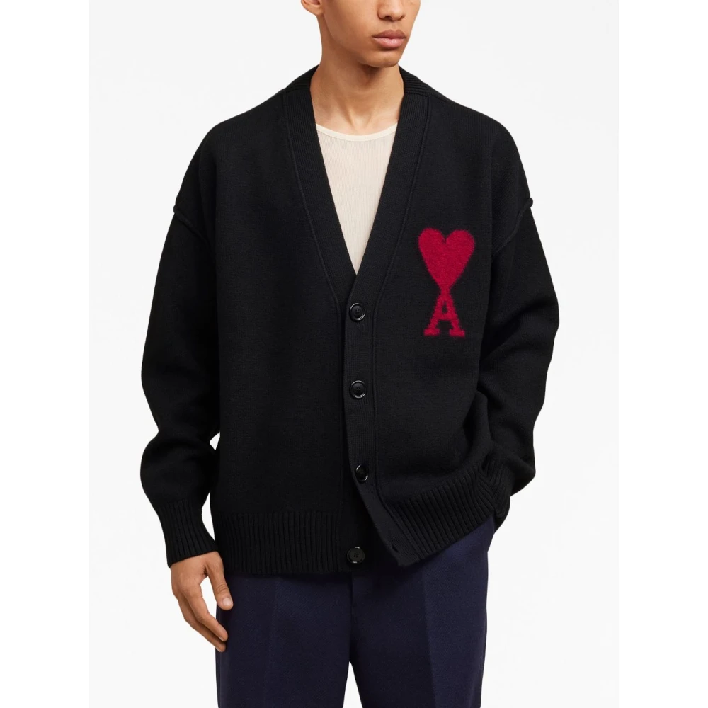 Ami Paris Hart Intarsia Vest Zwart Rood Black Heren