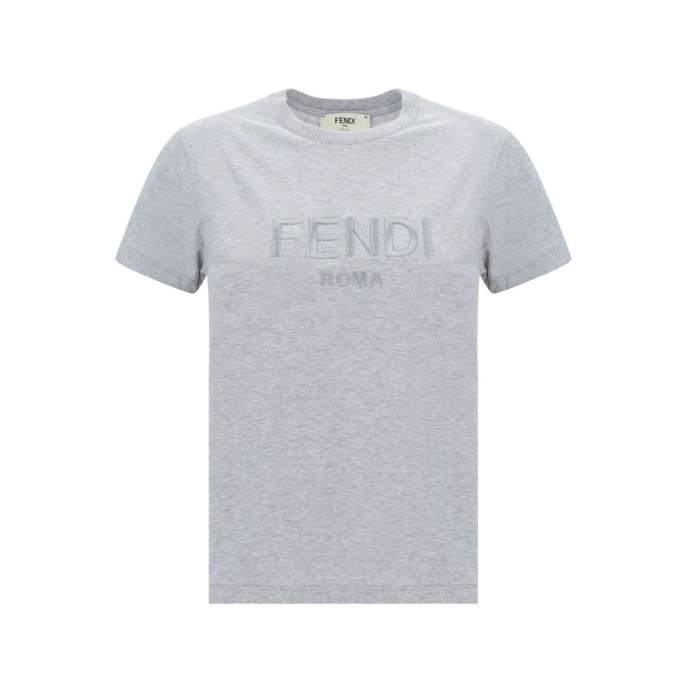 Fendi Grijze Logo Geborduurde Crew Neck T-shirt Gray Dames