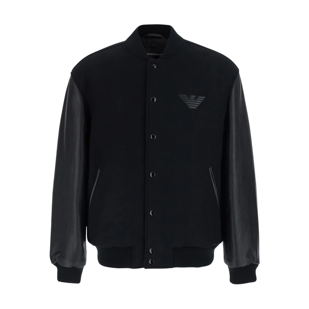Emporio Armani , Bomber Jackets, Male, Black, L, Wool Leather-Sleeve Jacket