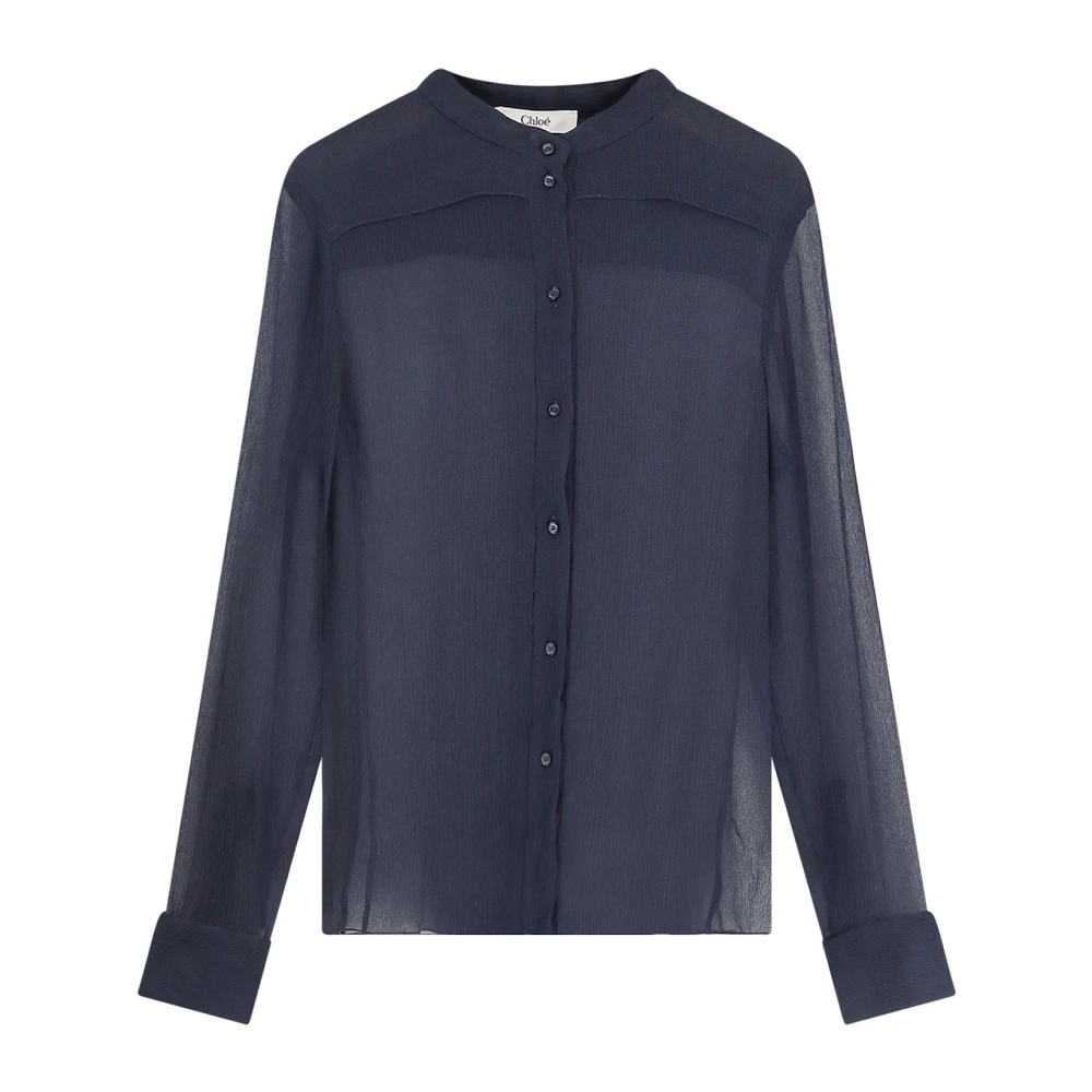 Chloé Zijden Crew-Neck Shirt met Transparant Effect Blue Dames