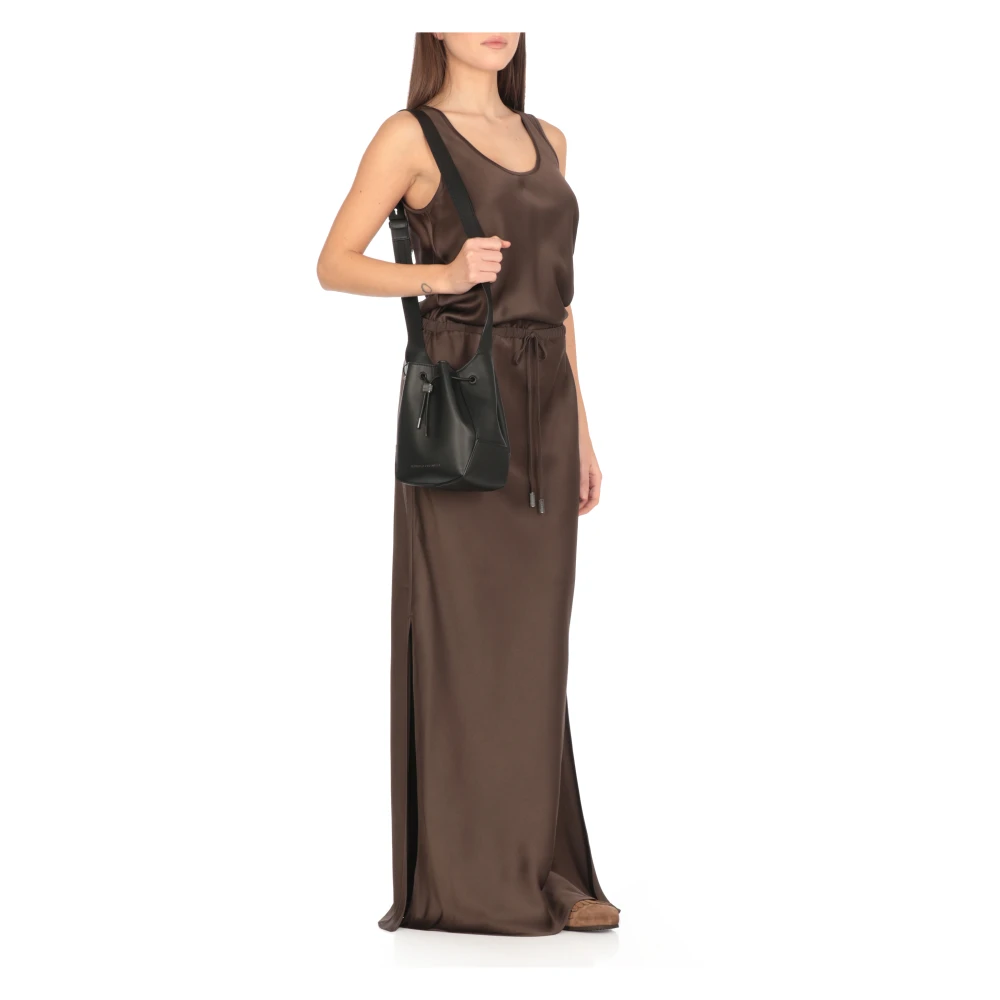 BRUNELLO CUCINELLI Zwarte Leren Schoudertas Koordsluiting Logo Black Dames
