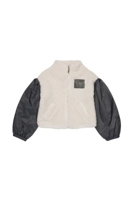 Beige Shearling Jacka med Vit Dragkedja