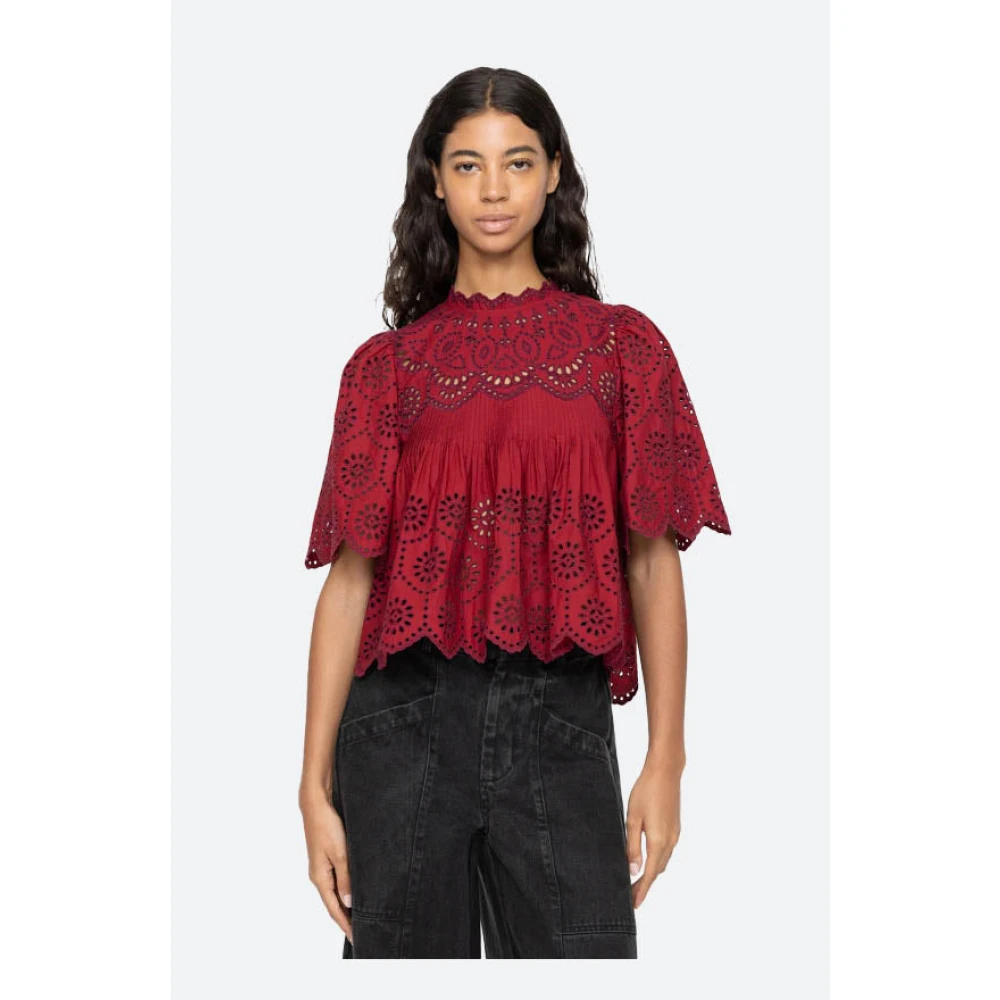 Sea NY Geborduurde top met korte mouwen en pofmouwen Red Dames
