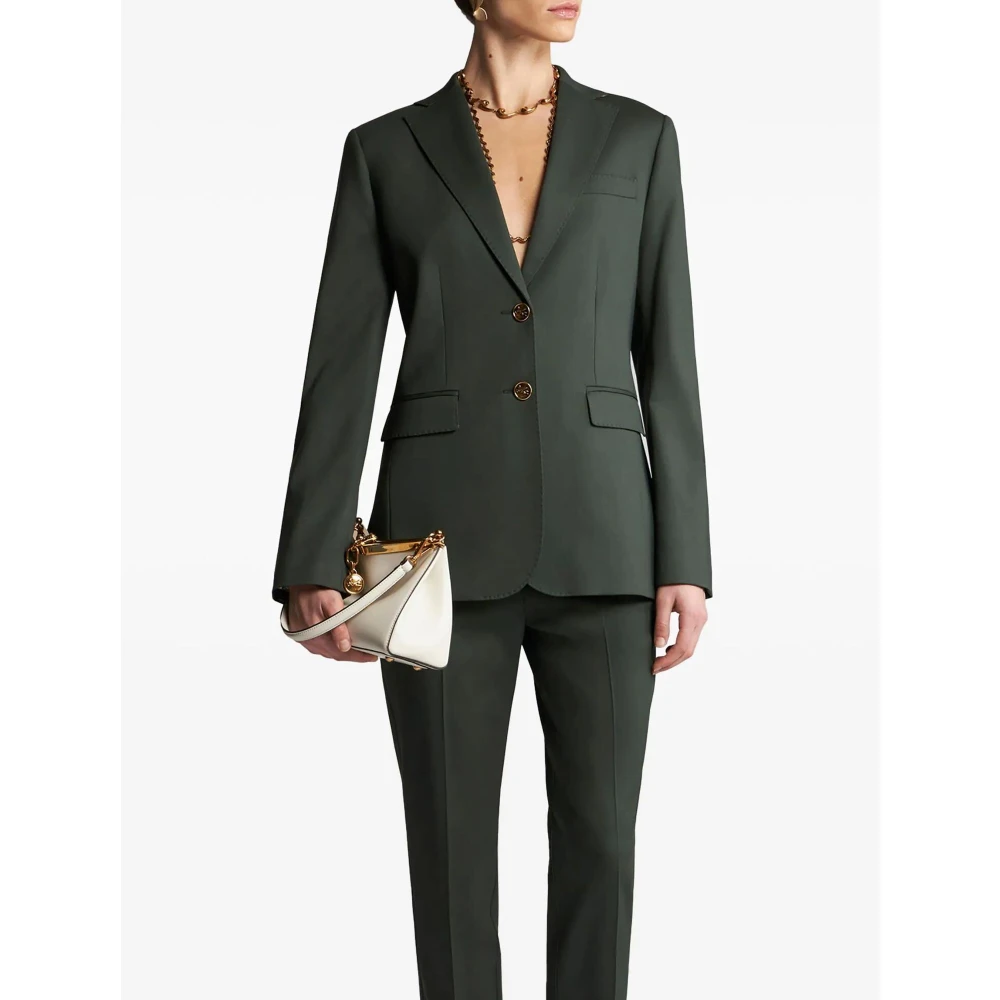 ETRO Diagonale Wol Stretch Jas met Metalen Pegasus Knopen Green Dames