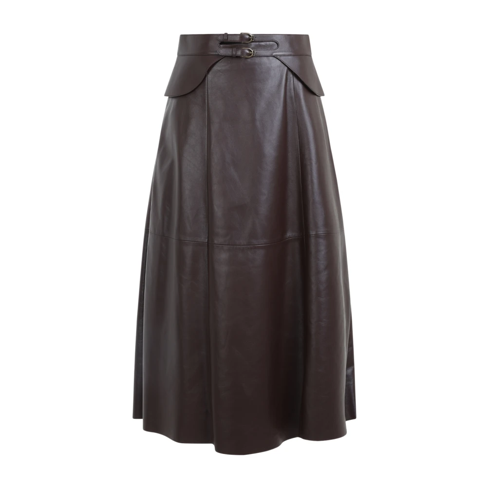 Ralph Lauren Bruine Leren Midi Rok Godet Stijl Brown Dames