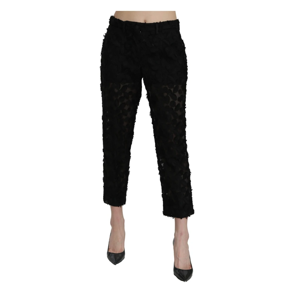Dolce & Gabbana Women's Black Lace Straight Cropped High Waist Trousers - Cropped Trousers - L - Trousers