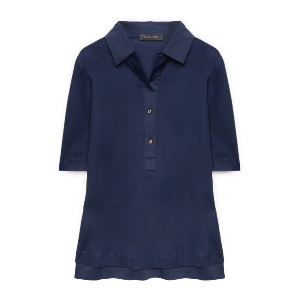 Elena Mirò Satin Kraag T-Shirt Korte Mouw Blue Dames