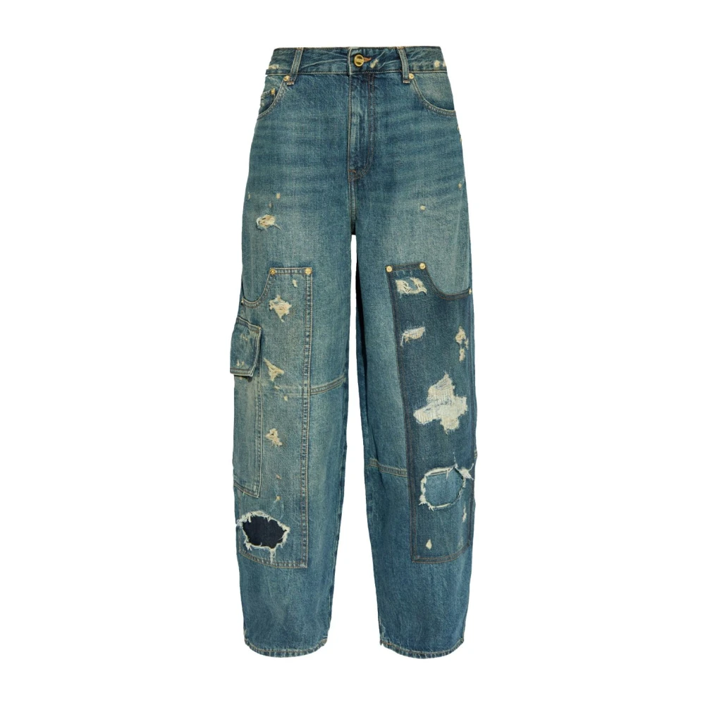 Ganni Blå Distressed Denim Wide Leg Jeans Blue, Dam