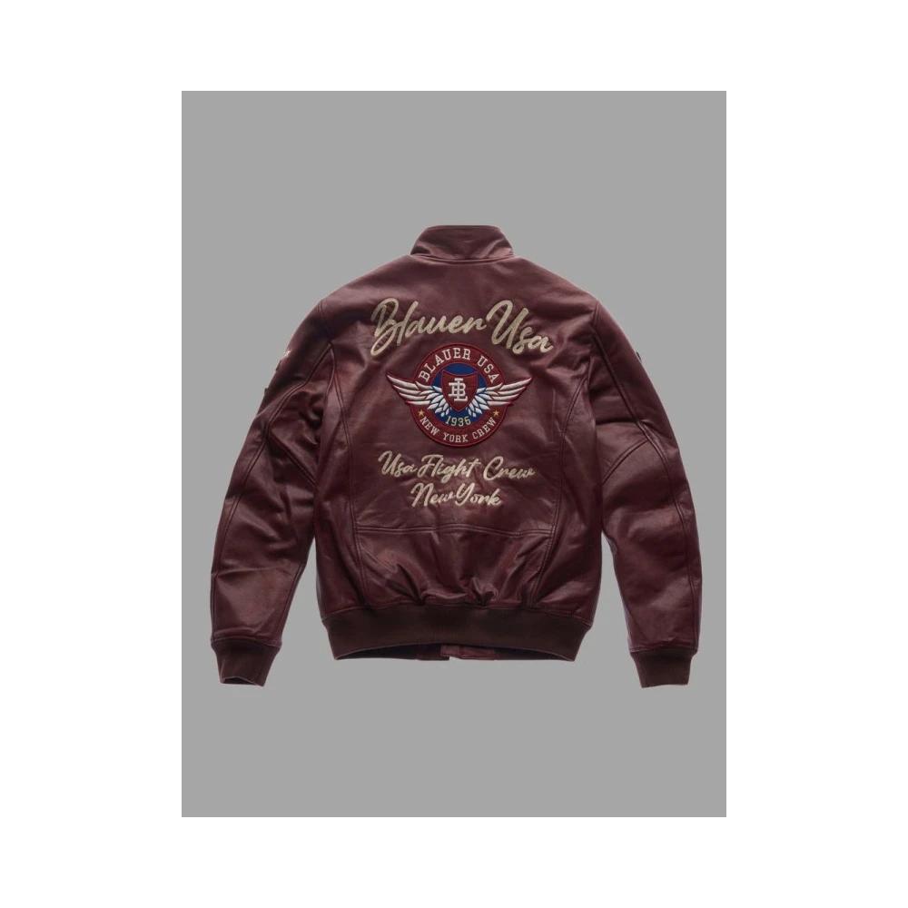 Blauer Leren Bomberjack Red Heren