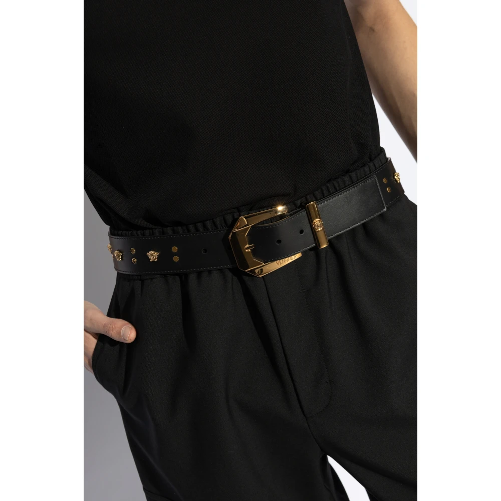 Versace Leren riem met applicaties Black Heren