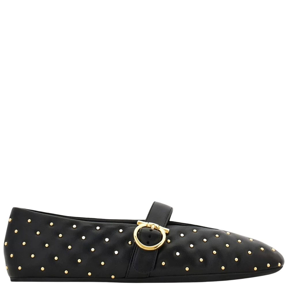 Ferragamo Black Nappa Leather Ballerina Flats With Studs And Hook-And-Eye Closure - Female - Ballerina Shoes - 7 Uk - Shoes