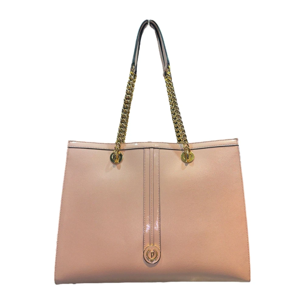 Pollini Nude Schoudertas met Lak Inzetstukken en Gouden Metalen Logo Beige Dames