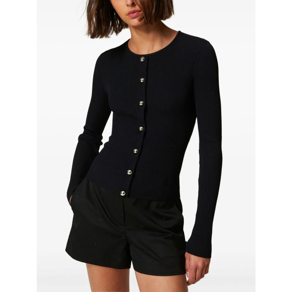 Twinset Zwarte Ribgebreide Trui met Twist Detail Black Dames