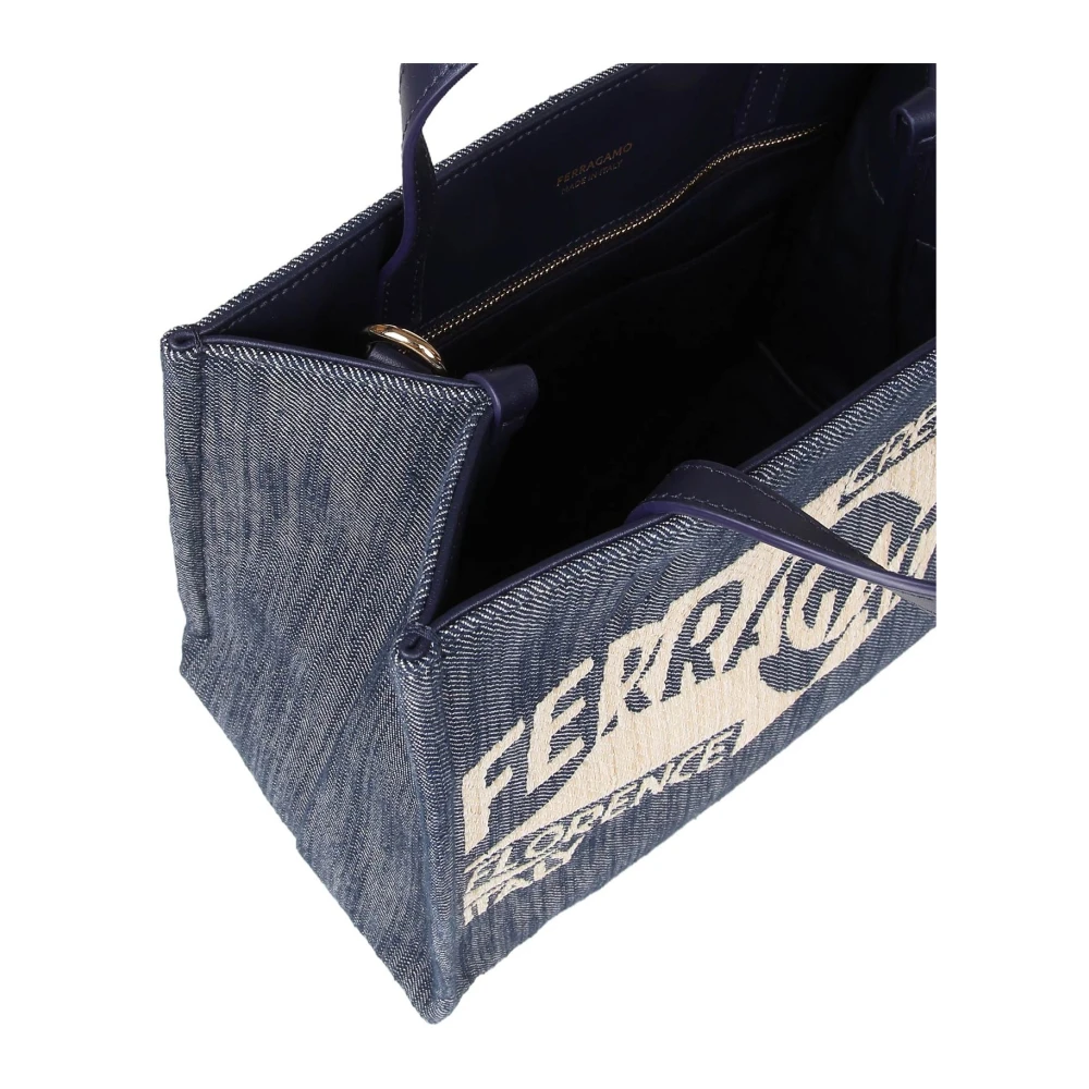 Salvatore Ferragamo Denim Tote Tas met Leren Details Blue Dames