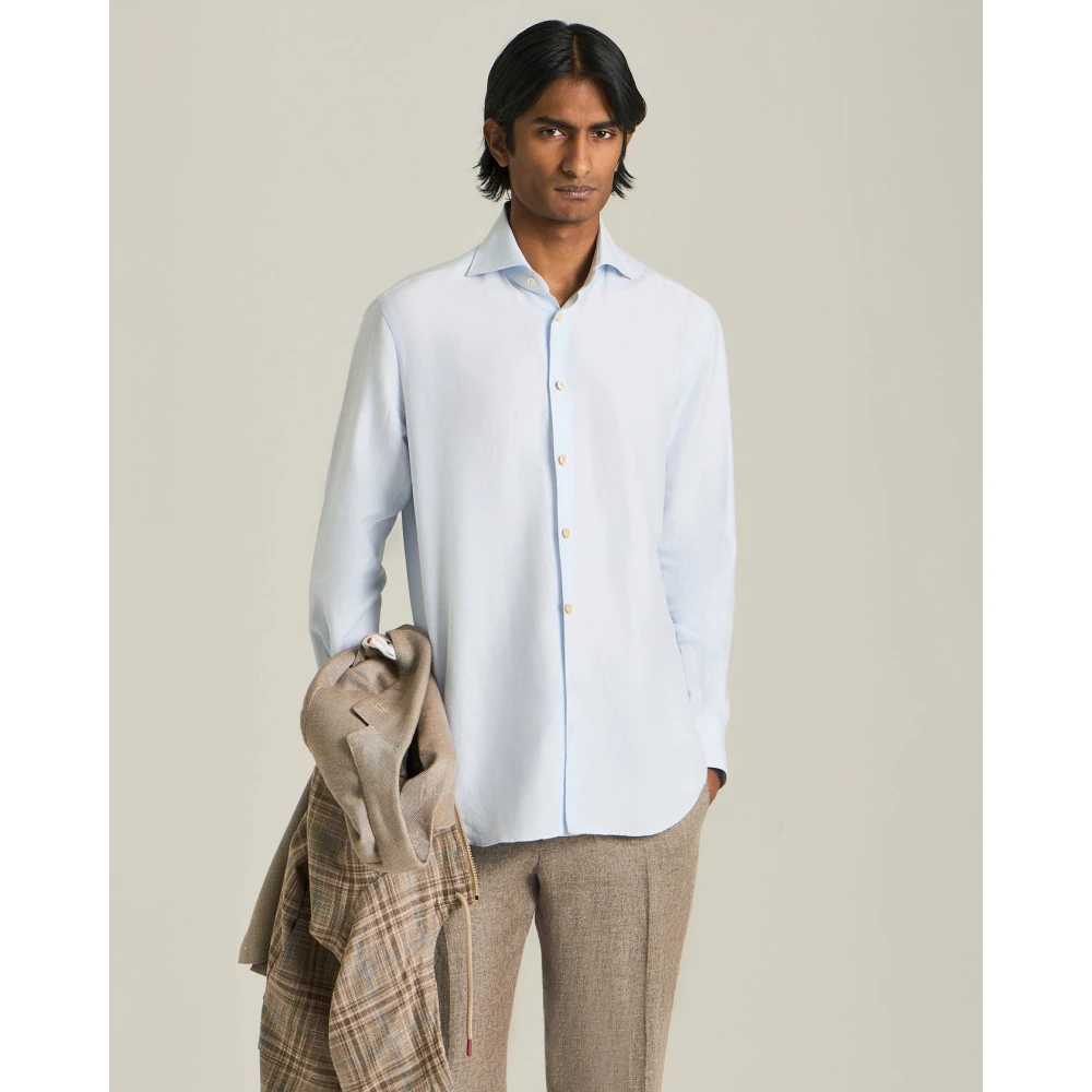 Kiton Katoen-Hennep Blend Formeel Overhemd Blue Heren